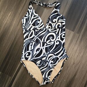 SPEEDO Halter Neck One-Piece Swimsuit, Black/White/Blue, Size 14